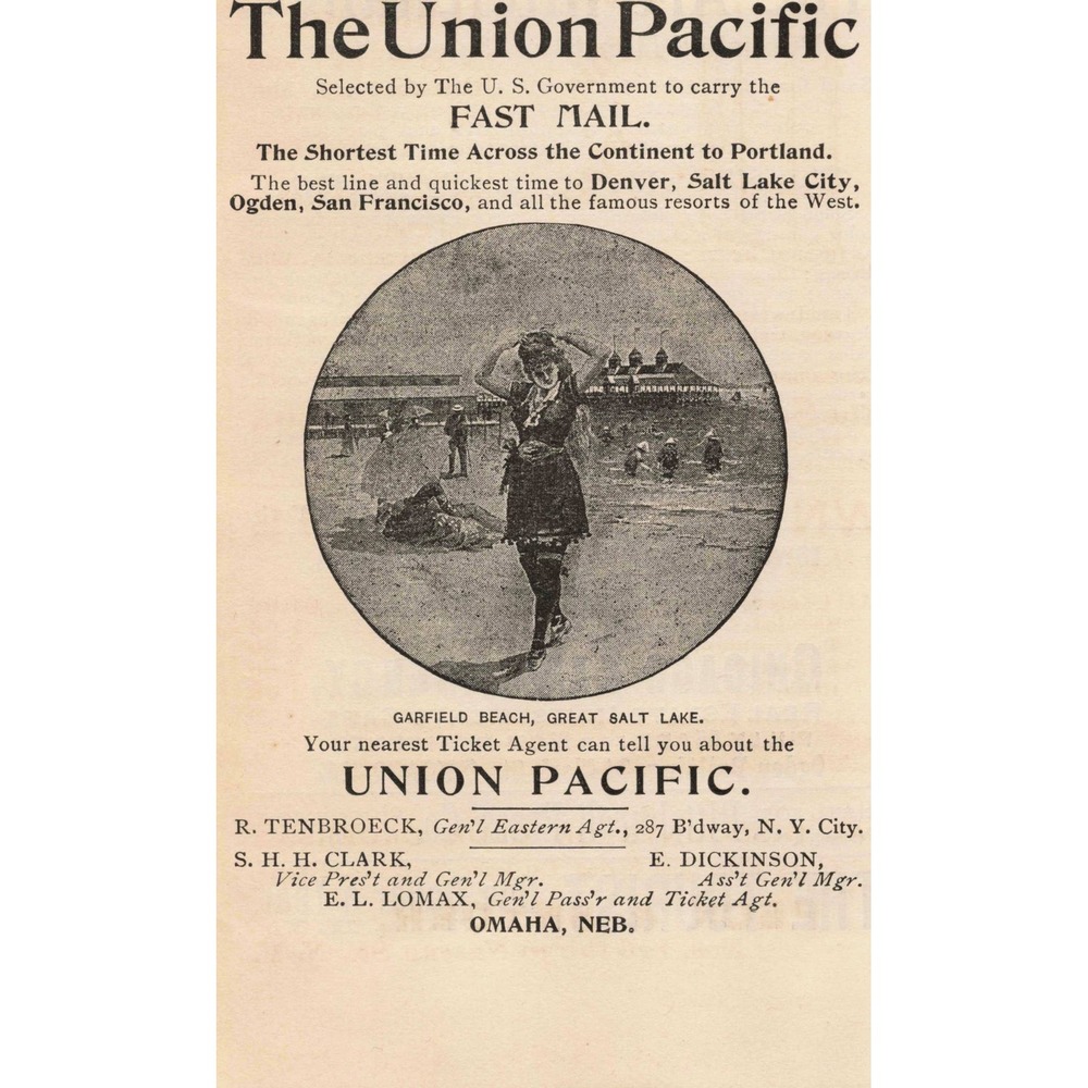 Vintage 1892 Union Pacific Railroad Print Advertisement Garfield Beach - Picture 1 of 1